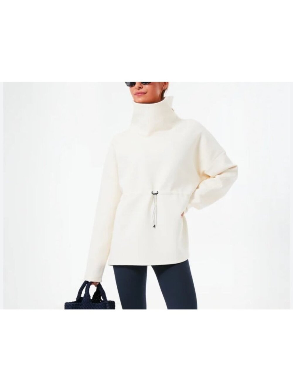 Varley Womens Sz M Barton Eggnog Sweater With Adjustable Waist & Funnel Neck